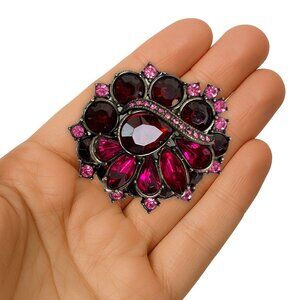 Vintage Glam Fashion Brooch with Burgundy and Pink Rhinestones